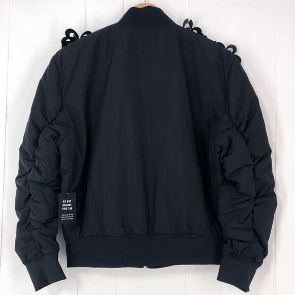 Express Bomber Jacket Floral Embellished Oversized Ruched Sleeves Size XS Black - Picture 11 of 16